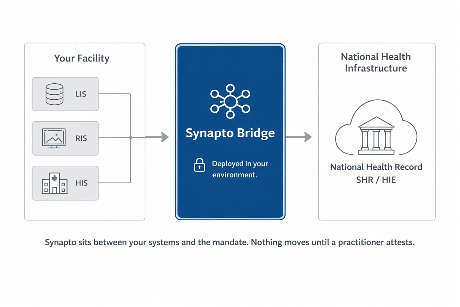 Synapto Bridge architecture: Your Facility (LIS/RIS/HIS) → Synapto Bridge → National Health Infrastructure